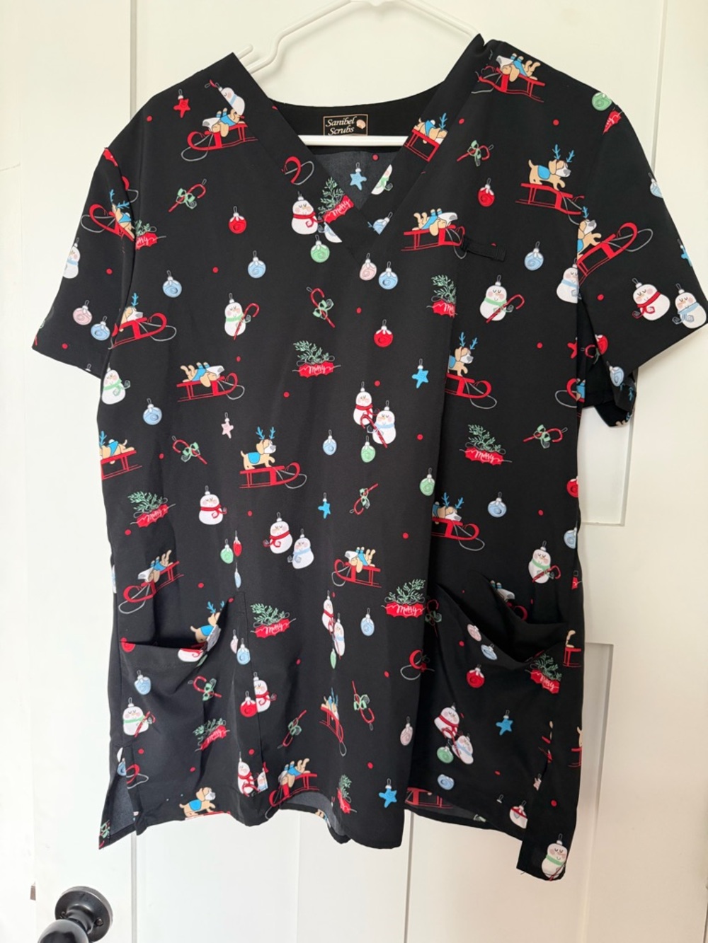 Sanibel Scrubs Holiday Print Top - Black with Red & Blue Accents
